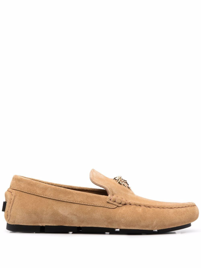 Versace Medusa Head-detail Suede Loafers In Beige