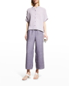 Eileen Fisher Cropped Organic Linen Delave Wide-leg Pants In Misty Lilac