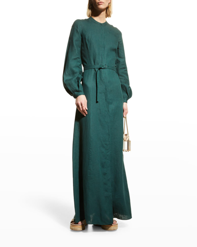 Gabriela Hearst Massey Belted Linen Maxi Dress In Tourmaline Green