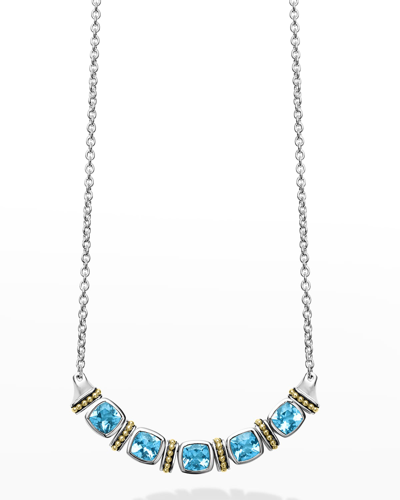 Lagos Caviar Color Blue Topaz 6mm Cushion-set 5-stone Chain Necklace In Blue/silver