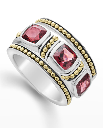 Lagos 18k Yellow Gold & Sterling Silver Caviar Color Rhodolite Garnet Beaded Ring In Red/silver