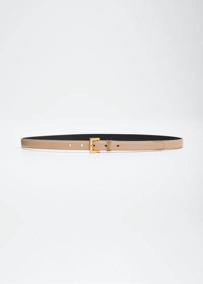 Saint Laurent Ysl Monogram Leather Belt In Dark Beige/bronze