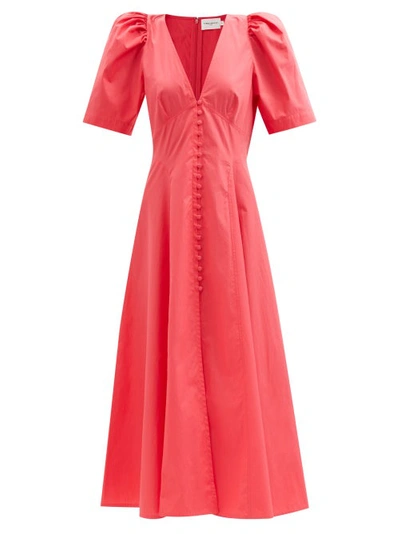 Three Graces London Jodie Puff-sleeve Cotton Midi Dress In Red