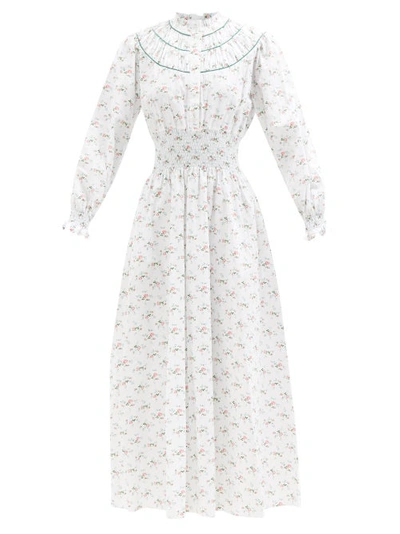 Loretta Caponi Zaira Shirred Floral-print Cotton-poplin Maxi Dress In Ivory Multi