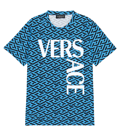 Versace Kids' Logo Geometric Stretch-cotton T-shirt 6-14 Years In Blue
