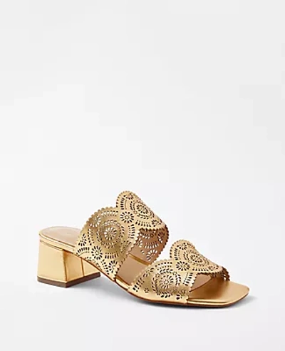 Ann Taylor Eyelet Perforated Leather Two Strap Sandals In Gold