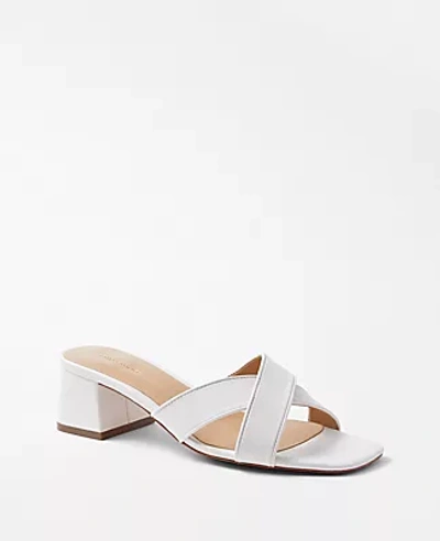 Ann Taylor Crossover Leather Block Heel Sandals In White