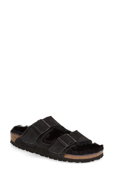 Birkenstock Arizona Genuine Shearling Lined Slide Sandal In Black