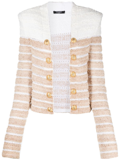 Balmain Woman White And Beige Spencer Jacket In Tweed With Golden Chain
