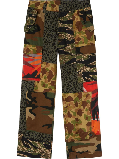 Palm Angels Panelled Mix Cotton Cargo Trousers In Green Multi