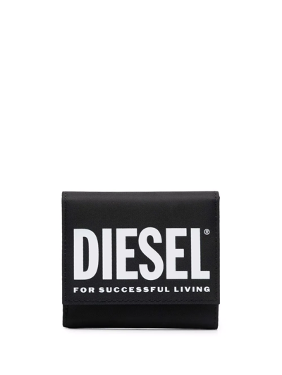 Diesel Logo-print Tri-fold Wallet In Black