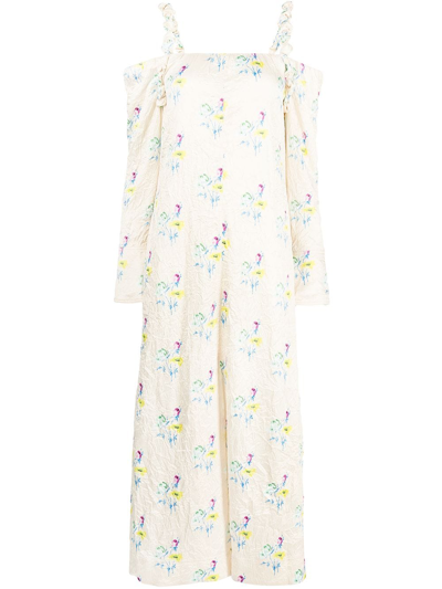 Ganni Off-shoulder Ruffle Strap Floral Print Long Dress In Floral Rutabaga