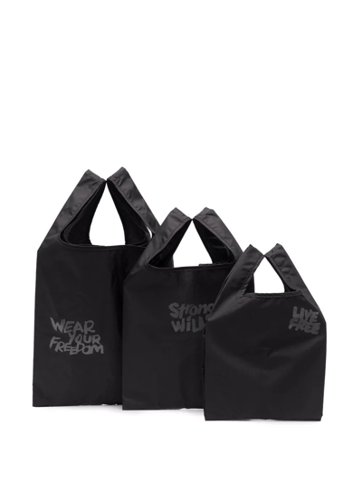 Black Comme Des Garçons Set-of-three Slogan-print Tote Bags In Black