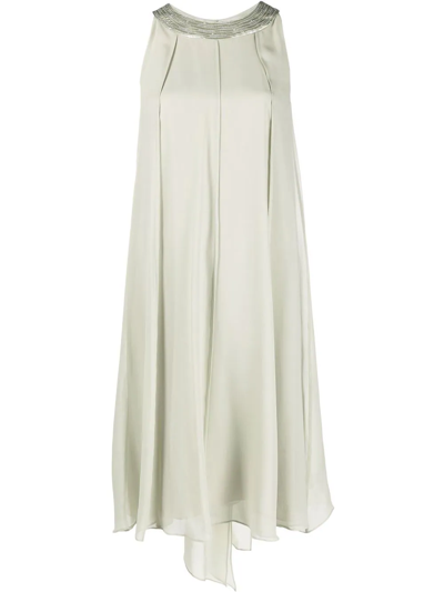 Antonelli Silk S/s Long Dress With Pailletts On Neck In Military Green