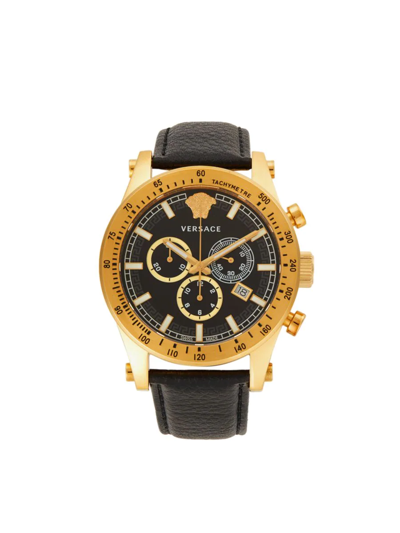 Versace Men's 44mm Goldtone Stainless Steel & Leather Strap Chronograph Watch In Black
