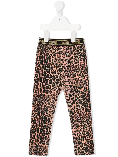 Roberto Cavalli Junior Kids' Logo Waistband Leopard-print Trousers In Pink