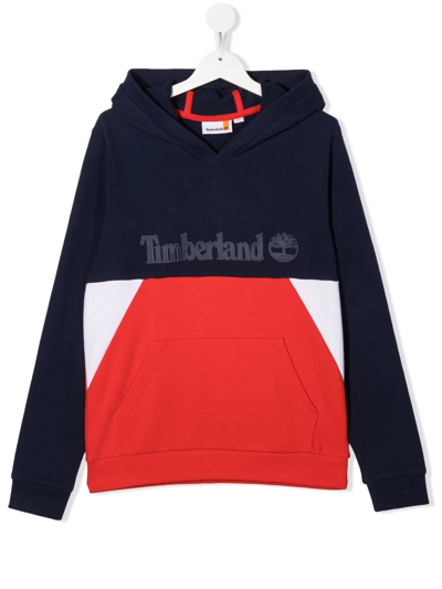 Timberland Teen Colour-block Logo-print Hoodie In Blue