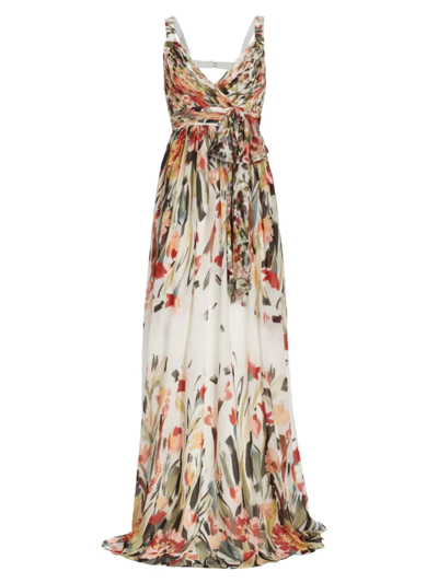 Badgley Mischka Draped Floral Gown In White Multi