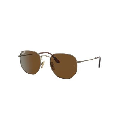 Ray Ban Hexagonal Titanium Sunglasses Demigloss Antique Gold Frame Brown Lenses Polarized 51-21
