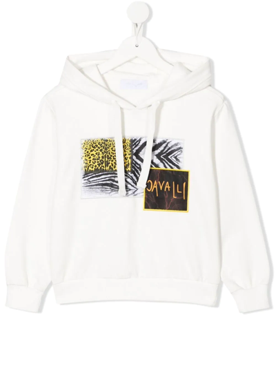 Roberto Cavalli Junior Kids' Long-sleeved Patch Print Hoodie In White