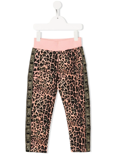 Roberto Cavalli Junior Kids' Leopard-print Logo-tape Track Trousers In Pink