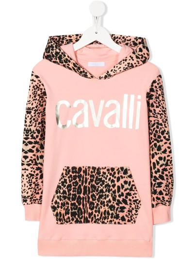 Roberto Cavalli Junior Kids' Leopard-panel Metallic Logo Hoodie In Pink