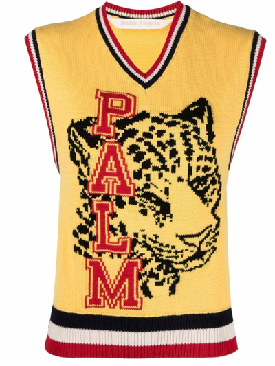 Palm Angels Tiger Intarsia-knit Vest Top In Yellow