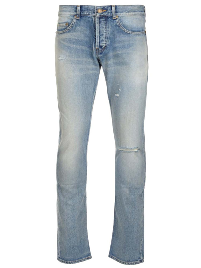 Saint Laurent Button Detailed Straight Leg Jeans In Blue