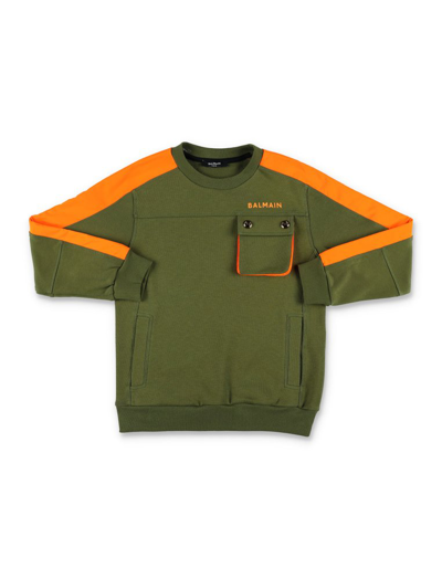Balmain Kids' Stripe Pocket Sweatshirt In Khaki Orange