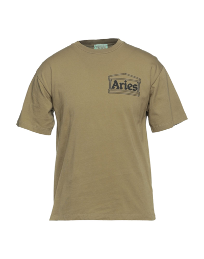 Aries Beige Cotton T-shirt With Logo Print In Green