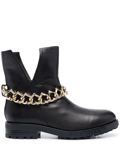 Love Moschino Heart-chain Leather Ankle Boots In Black