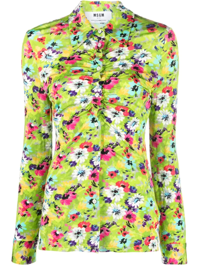 Msgm Floral-print Ruched Slim Shirt In 36 Green