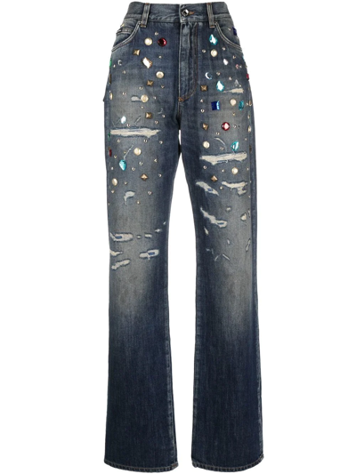 Dolce & Gabbana Distressed Embellished Jeans In Blau