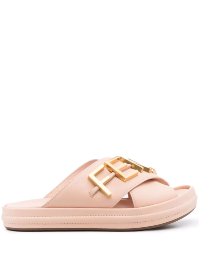Fendi Leather Criss-cross Logo Slides In Light Rose