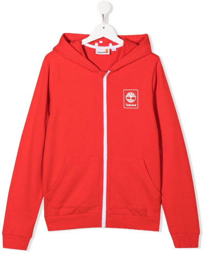Timberland Teen Logo-print Zip-up Hoodie In Red