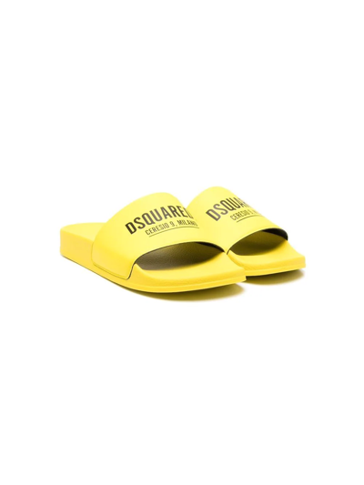 Dsquared2 Kids' Logo-print Flat Sliders In Yellow