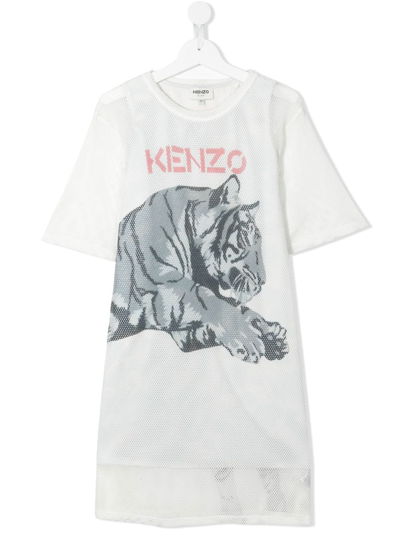 Kenzo Kids' Tiger-print T-shirt Dress In White