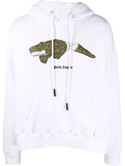 Palm Angels Crocodile Embroidery Cotton Hoodie In White