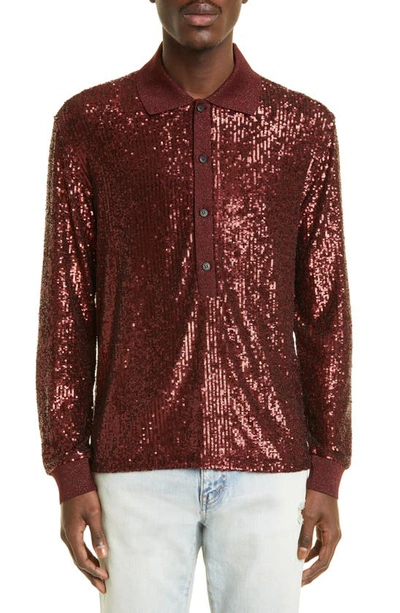 Saint Laurent Sequinned Stretch-knit Polo Shirt In Red