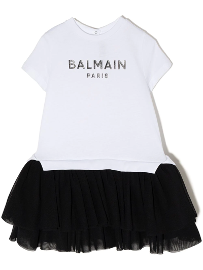 Balmain Babies' Logo-print Tiered Dress In Black