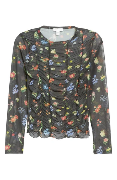 Topshop Floral Ruched Mesh Long Sleeve Top In Multi