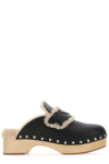 PRADA PRADA TRIANGLE LOGO SHEARLING-TRIM CLOGS