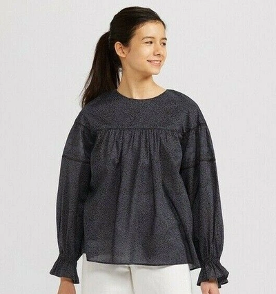 Pre-owned Uniqlo Anna Sui X  Indigo Classic Print Long Sleeve Ruffle Blouse Large
