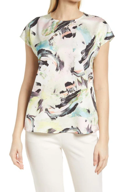 Halogen Cap Sleeve Satin Blouse In Ivory Multi Vivid Strokes