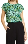 Halogen Cap Sleeve Satin Blouse In Green Floral Fresh