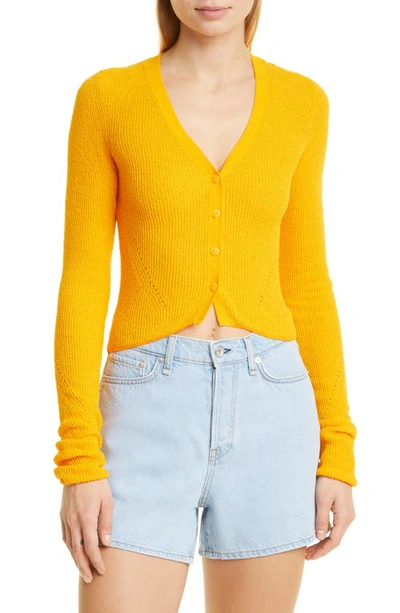 Rag & Bone Soleil Ribbed Cropped Pointelle-knit Cotton-blend Cardigan In Deep Yello