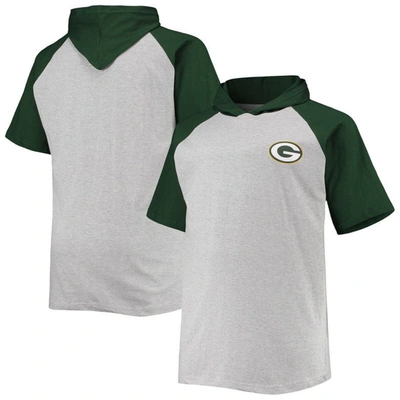 Profile Men's Heathered Gray, Green Green Bay Packers Big And Tall Raglan Short Sleeve Pullover Hoodie In Heathered Gray,green