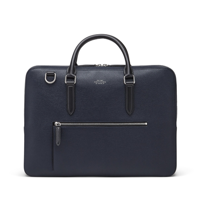 Smythson Large Briefcase With Zip Front In Ludlow In Navy