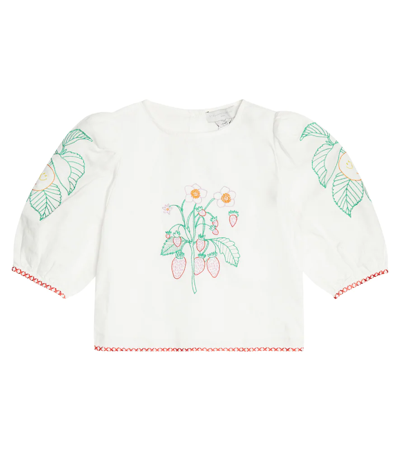 Stella Mccartney Kids' Embroidered Linen And Cotton Blouse In Bianco
