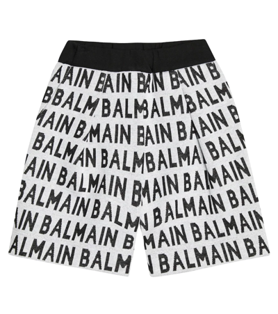 Balmain Kids' Black All Over Branded Bermuda Shorts In Grey